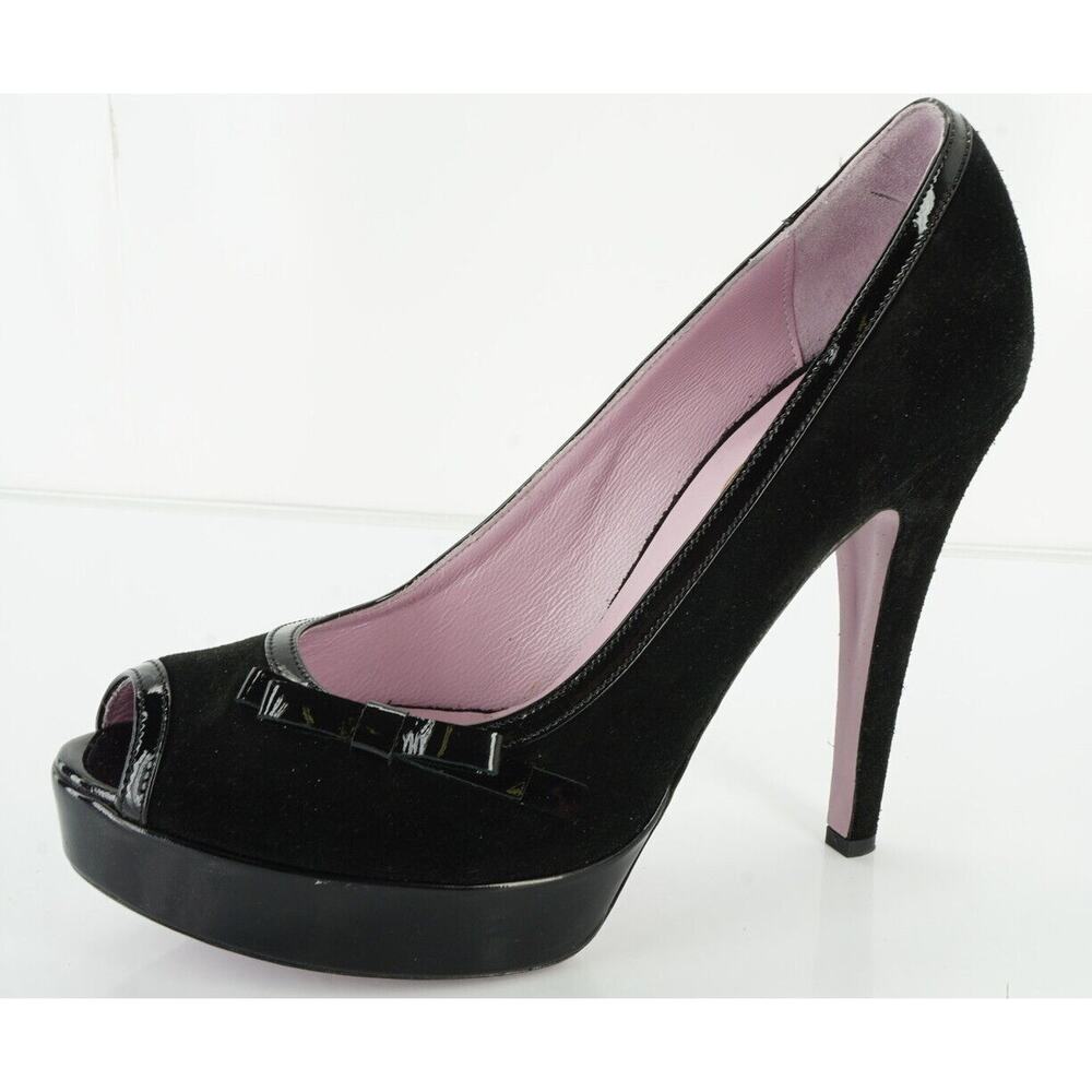 RED by Valentino Black Suede Platform Heels Bow Peep Toe Pumps Size 10 NEW $450
